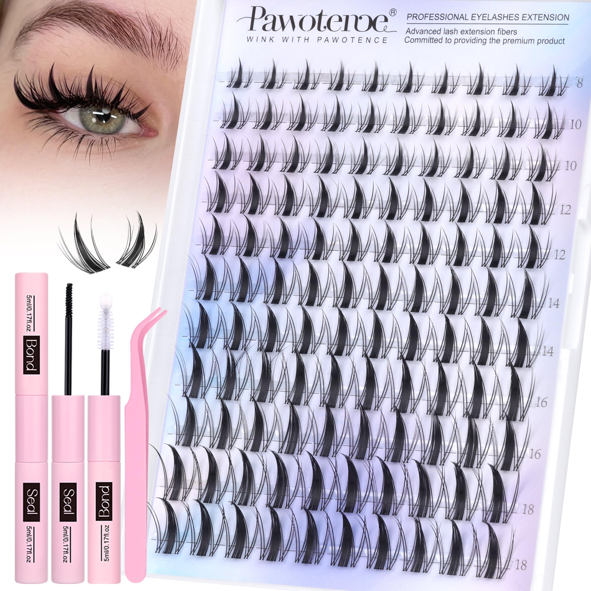 Pawotence Manga Lash Clusters Kit Eyelash Clusters 8-18mm Lash Extension Kit Fairy Individual Lashes Cluster Wispy with Lashes