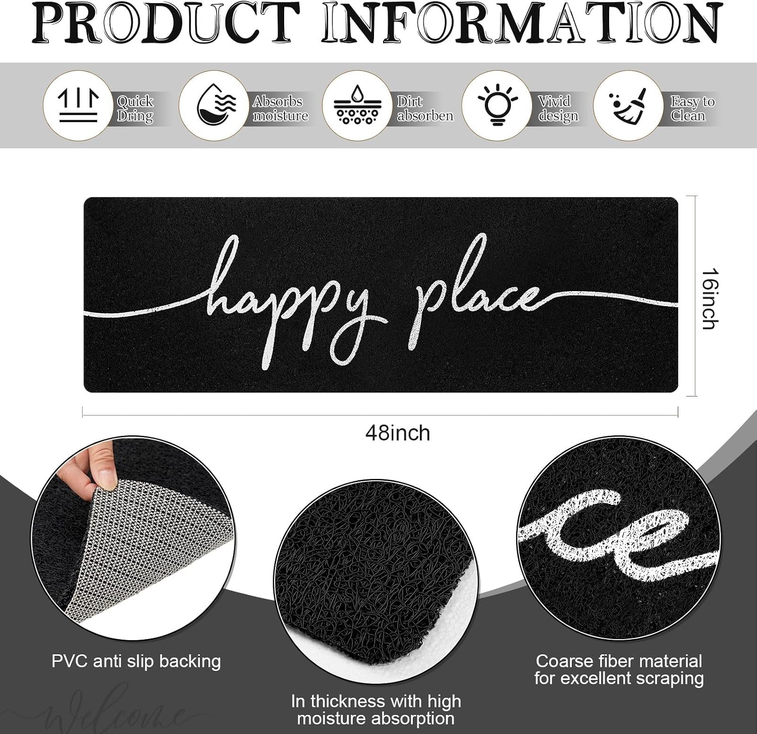 Long Doormat 48''x16'' Front Door Mat for Entrance Inside Outdoor Large Decorative Door Rug Welcome Mat for Outside Home Entry(Happy Place,Black)