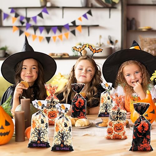 Miniatura 4 de 150 unidades de 3 diseños de bolsas de dulces de Halloween, bolsas de golosinas con lazos giratorios, brujas de calabaza, felices, celofán, bolsas