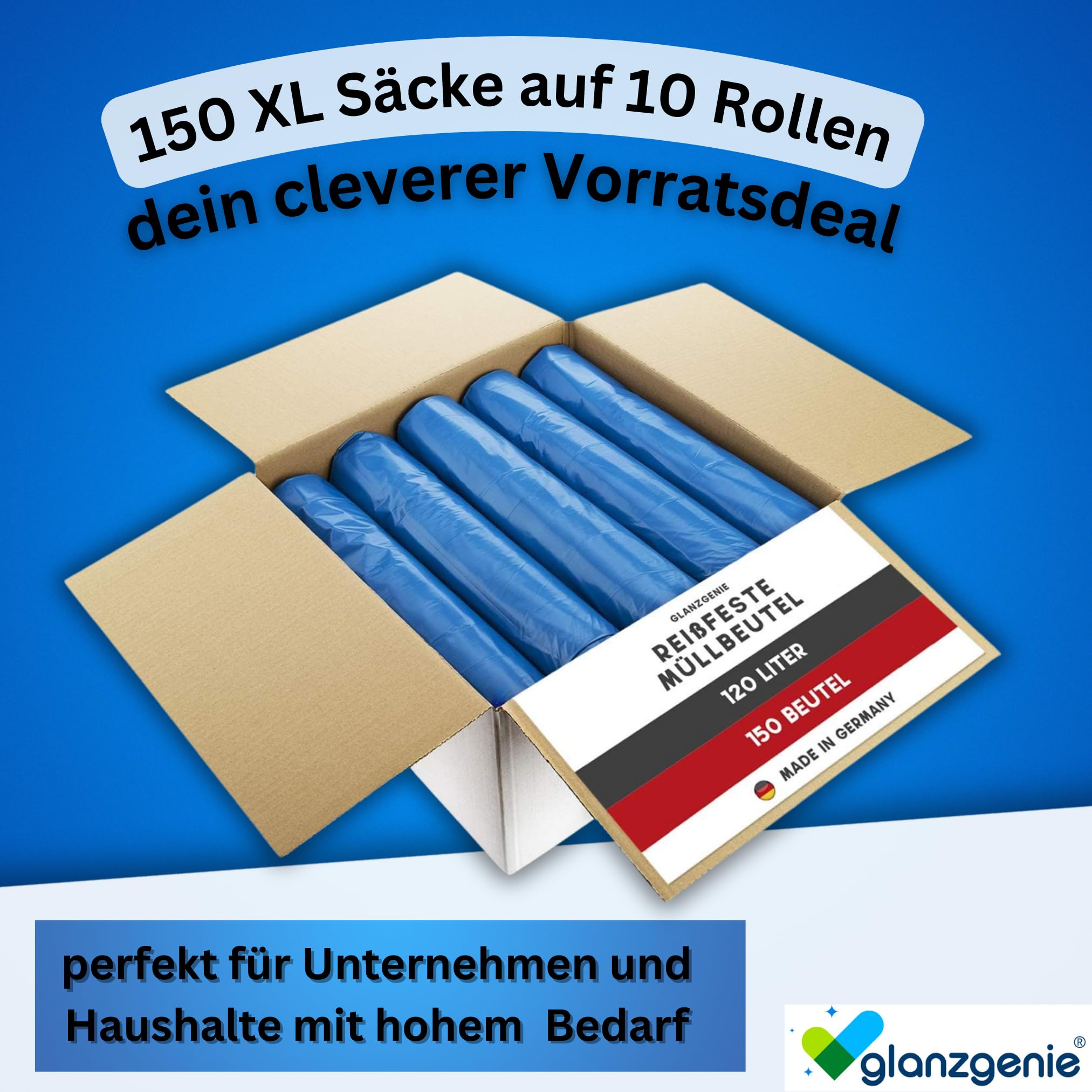 150 Stück reißfeste Müllsäcke 120 L, 79 μm | Typ 100 | extra stark & reißfest | 10 Rollen à 15 Stück| XXL Abfallbeutel - 700x1100mm | LPDE, blau | Müllentsorgung Haushalt, Garten, Gewerbe
