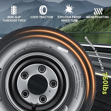 GarveeTech 2-Pack Trailer Tire On Rim 4.80-8 480-8 4.80x8 Trailer Tires and 5 Lug on 4.5 in PCD 8 in Wheels 6PR Black