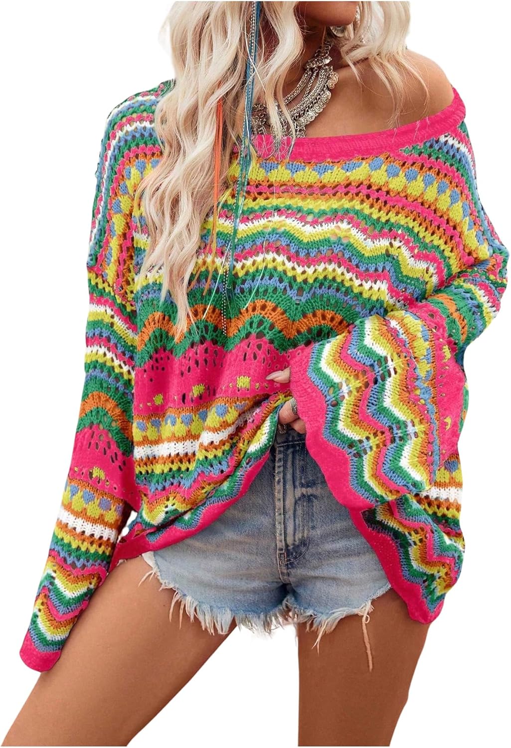 Floerns Women's Colorful Sweater Crochet Open Knit Long Sleeve Drop Shoulder Oversized Sweater