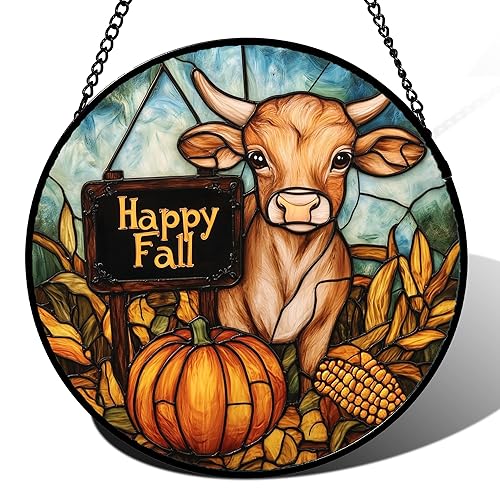 Stained Glass Window Hanging Autumn Landscape Calf Pumpkin 9.8" -