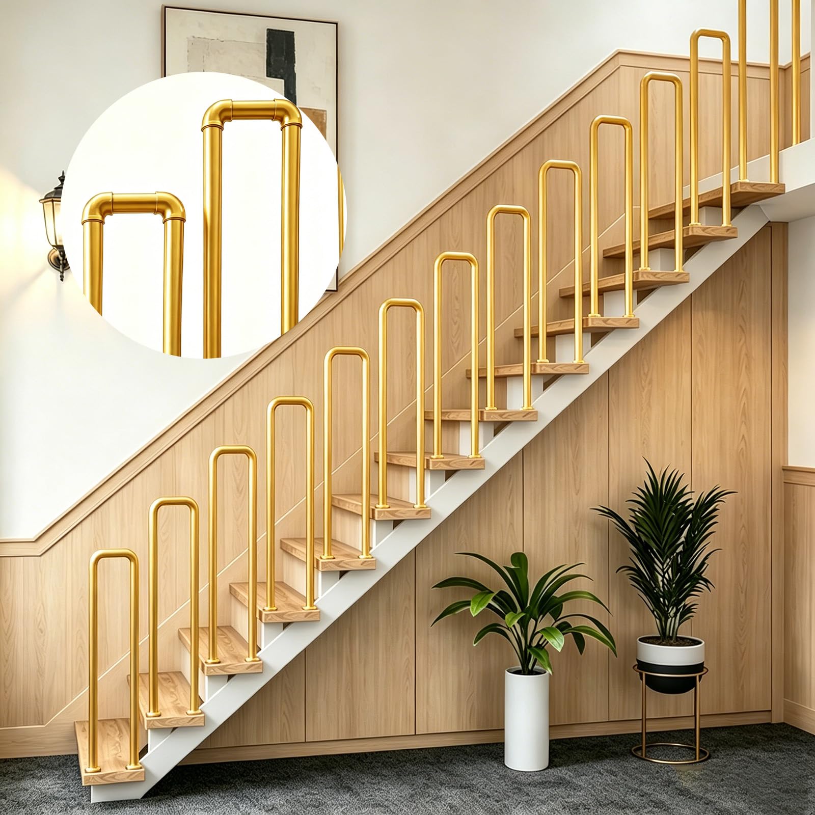 U-Shaped Stair Rail, Industrial Handrail with Connectors & Screws, Handrails for Outdoor Steps, Easy to Assemble, Metal Bannister Rail for Porch, Indoor and Outdoor（Gold, 55CM-Round Corners）