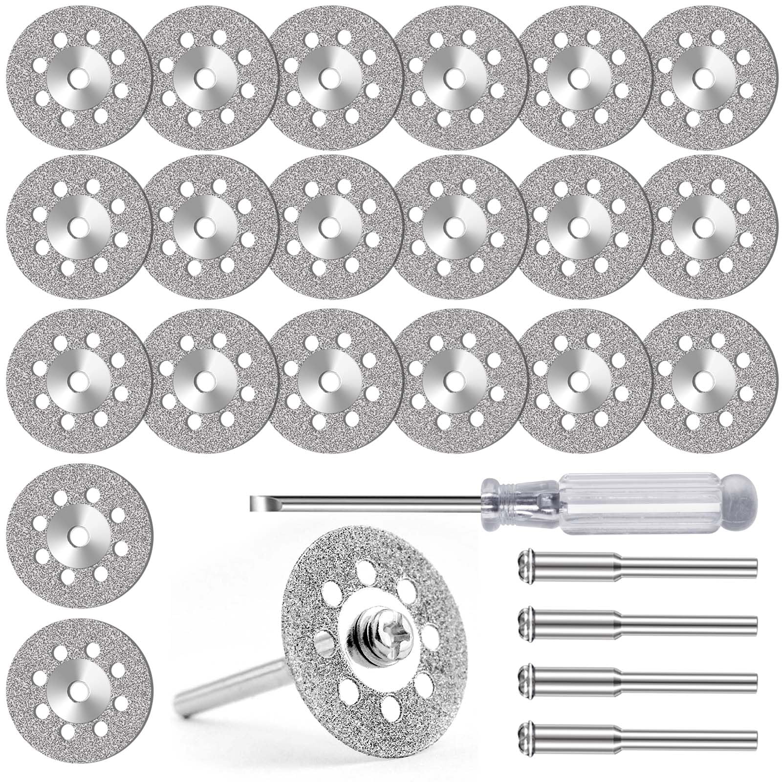 FOTYBEI 545 Diamond Cutting Wheel (25mm) 20pcs with 402 Mandrel (3mm) 4pcs and Screwdriver for Dremel Rotary Tool Stone Glass Cutting Discs