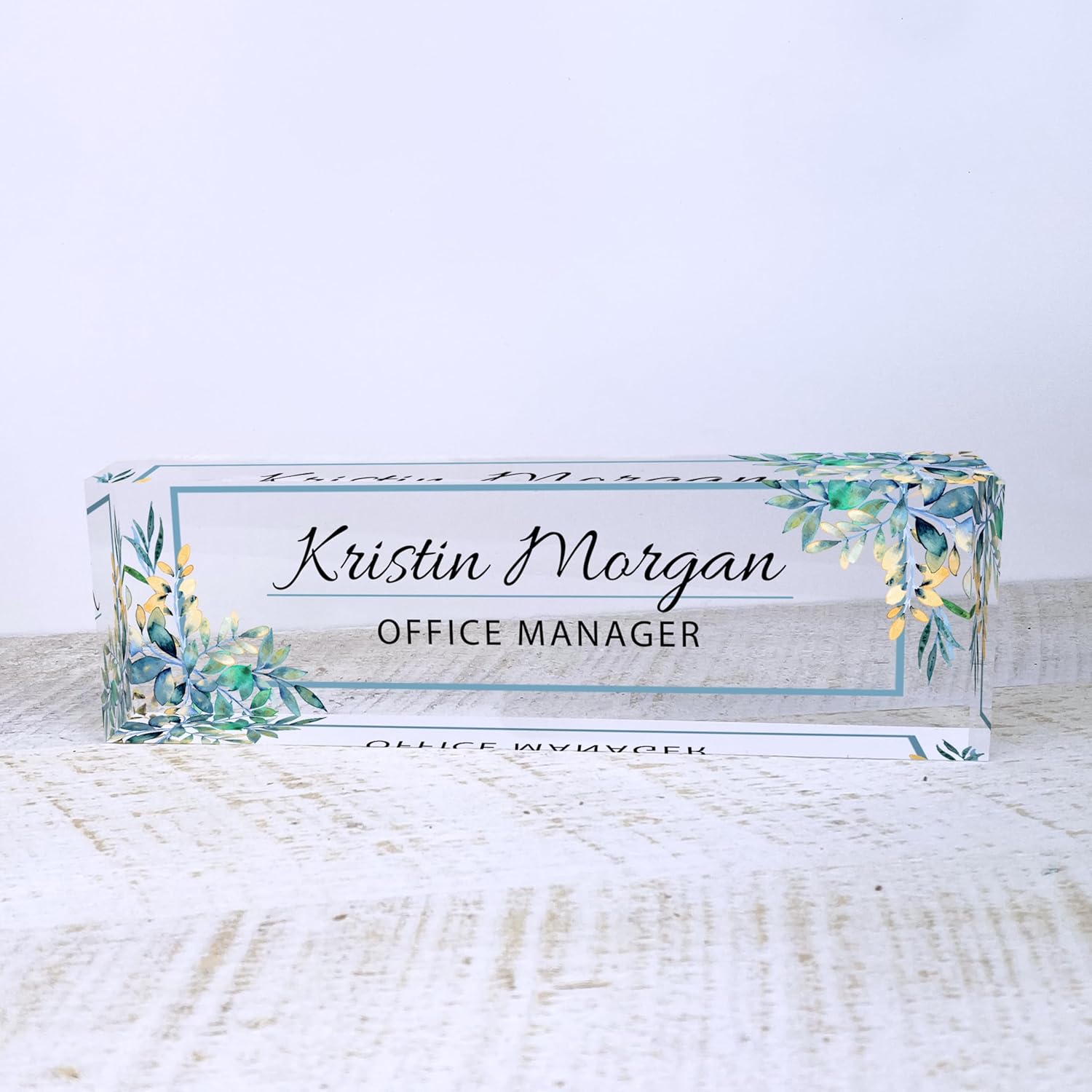 Desk Name Plate for Women, Personalized Plaque, Yellow Floral Name for Desk, Clear Acrylic Name Plate
