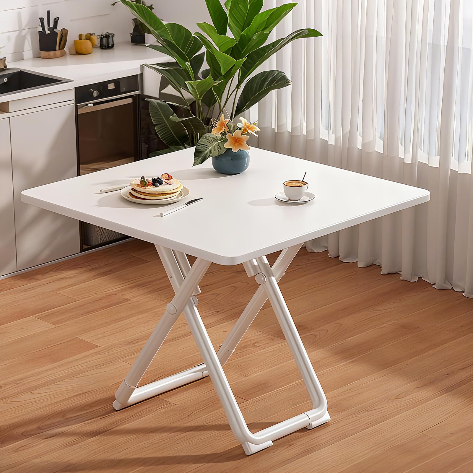 Tavolo da pranzo portatile espandibile, moderno, design rotondo e quadrato, salvaspazio, elegante per uso interno ed esterno, compatto, 60 cm, bianco