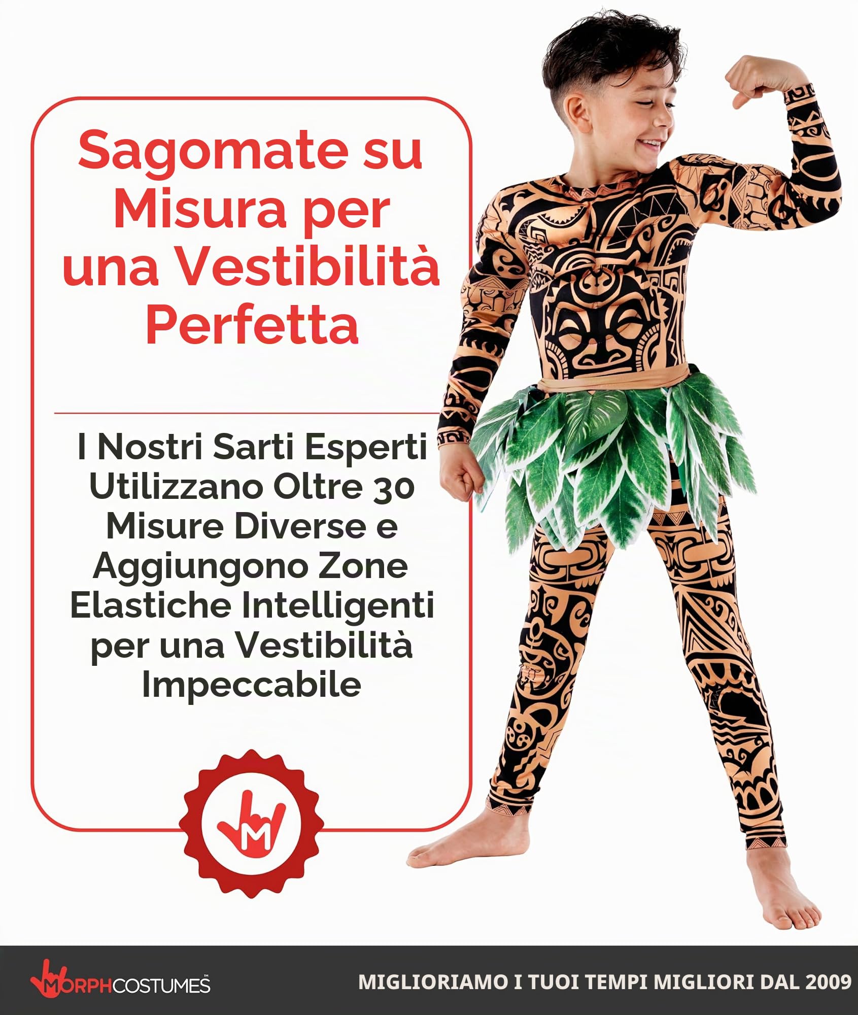 Morph Costume Guerriero Polinesiano Bambino, Costume Halloween | Tuta Muscolare & Cintura di Foglie, Busto 3D Imbottito, Perfetto per Halloween, Ideale per il Gioco di Ruolo