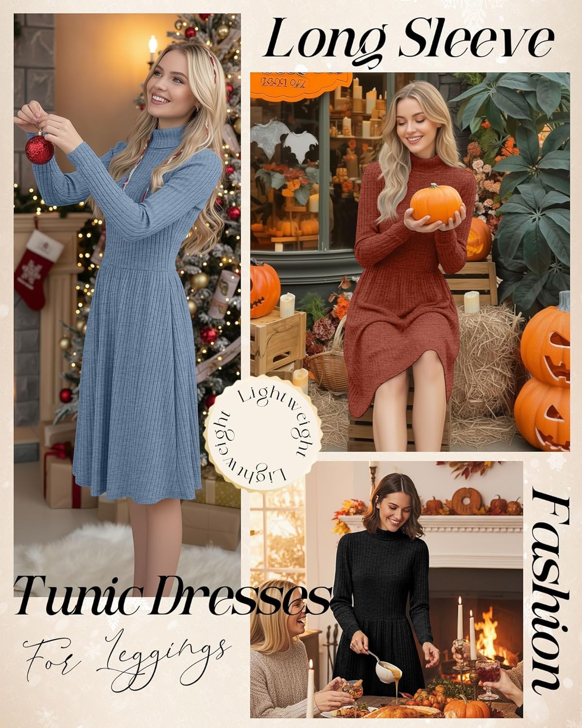 3 Pack Women's Turtleneck Long Sleeve Dresses, Ribbed Knit Casual Fall Winter Sweater Dresses with Pockets(Dark Caramel, Blue, Black,Small) - Image 4