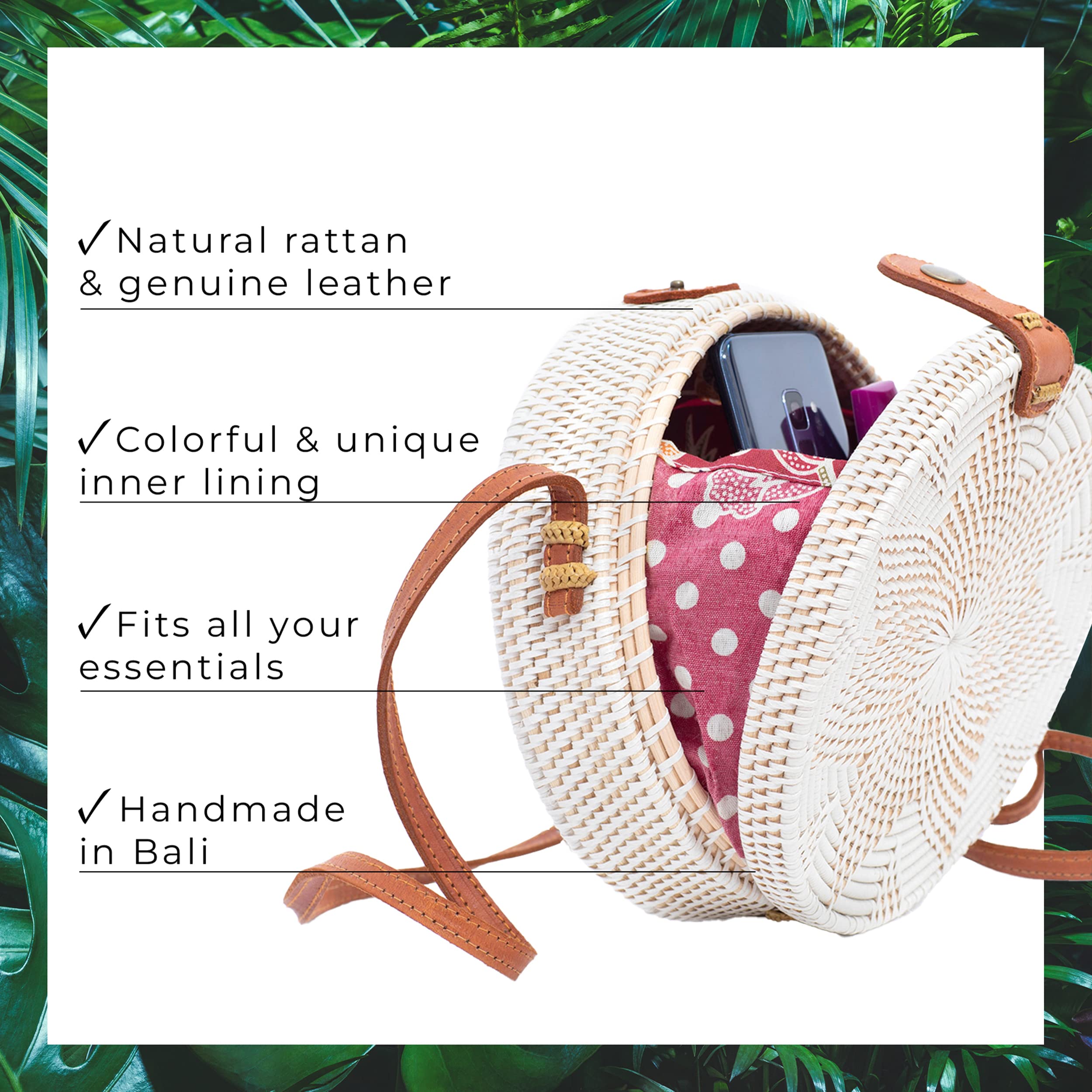 Novum Crafts Bolsa redonda de ratán para mujer, bolsas de paja hechas a mano, bolso de mimbre, bolso cruzado de color marrón y blanco