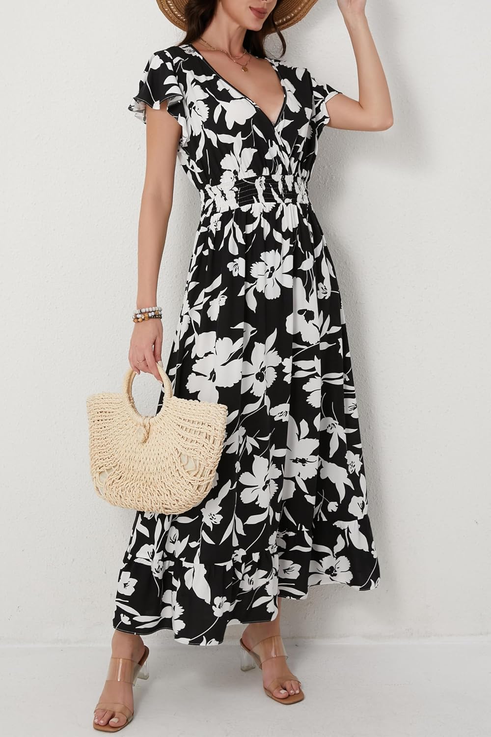 Women's Black Floral Maxi Dress Casual Sleeveless V-Neck Vacation Beach Summer Dress for Women - Image 3