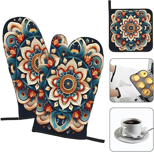 Miniatura 2 de Juego de manoplas de horno y soportes para ollas con mandala étnico bohemio, resistentes al calor, guantes de cocina y agarraderas para cocinar,