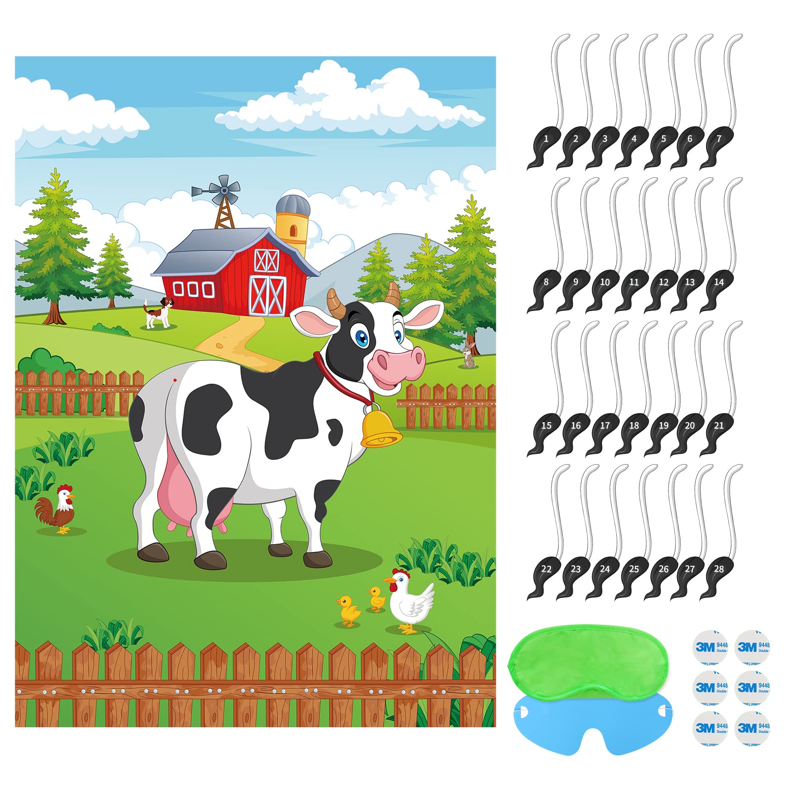 Fowecelt Party Game Cow Poster - Pin the Tail On Cow with 28 Tails, Boys Girls Kids Party Games Supplies, Birthday Party Decorations, Carnival Circus Party Supplies, Animal Party Decorations