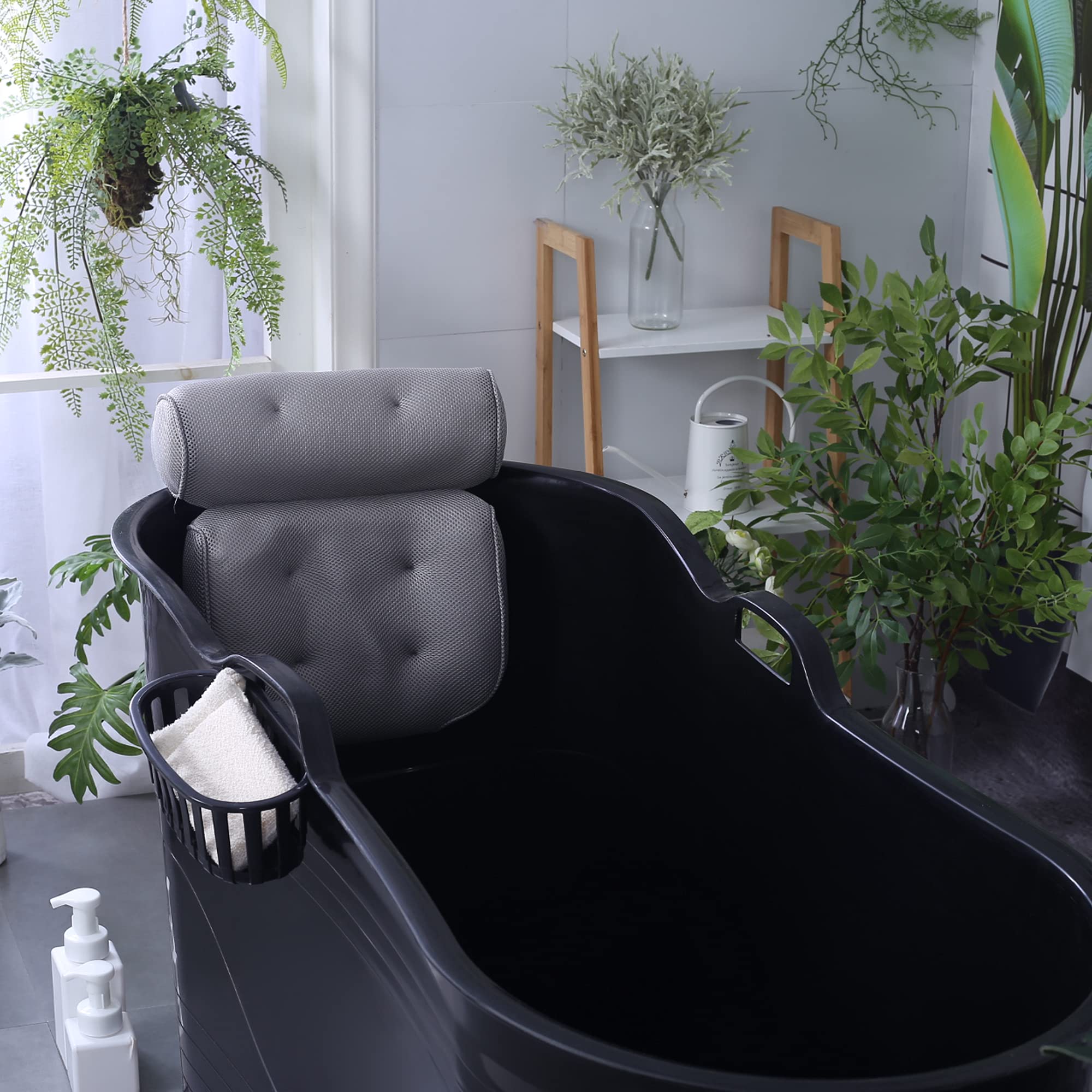 Mobile Badewanne für Erwachsene XL, Ideal für das kleines Badezimmer, 123 * 55.5 * 63cm, Stylisch und Stimmungsvoll (Schwarz mit graue Kissen)