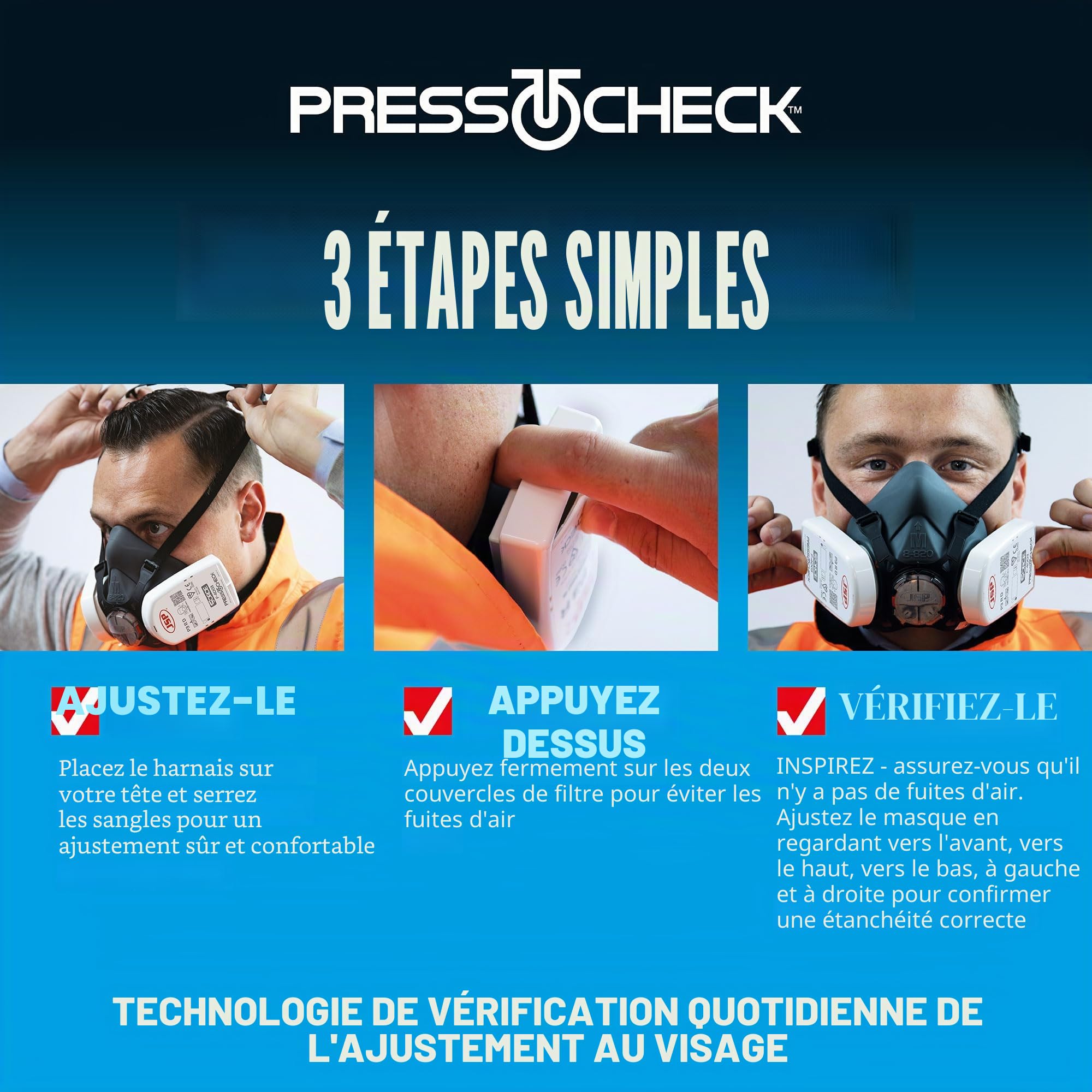 JSP FORCE 8 Masque Respiratoire Filtres P3 PressToCheck™ - Réutilisable - Protection Poussières Fines, Quartz, Bois, Glyphosate, Moisissures, Aérosols - Bricolage, Industrie - EN 140 & EN 143