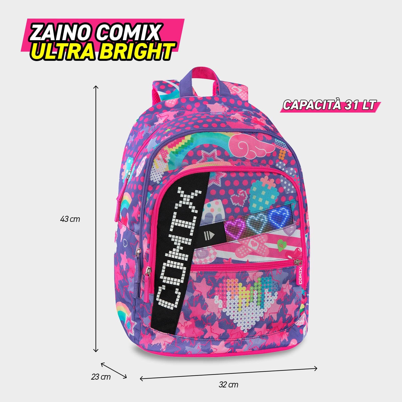 COMIX Ultra Bright - Zaino Scuola Pannello Scrittura Led Personalizzabile, 3 Ampi Scomparti, Tasca Frontale, Schienale e Fondo Termoformati, Spallacci Imbottiti e Regolabili, 32x43Hx23 cm, 31 L