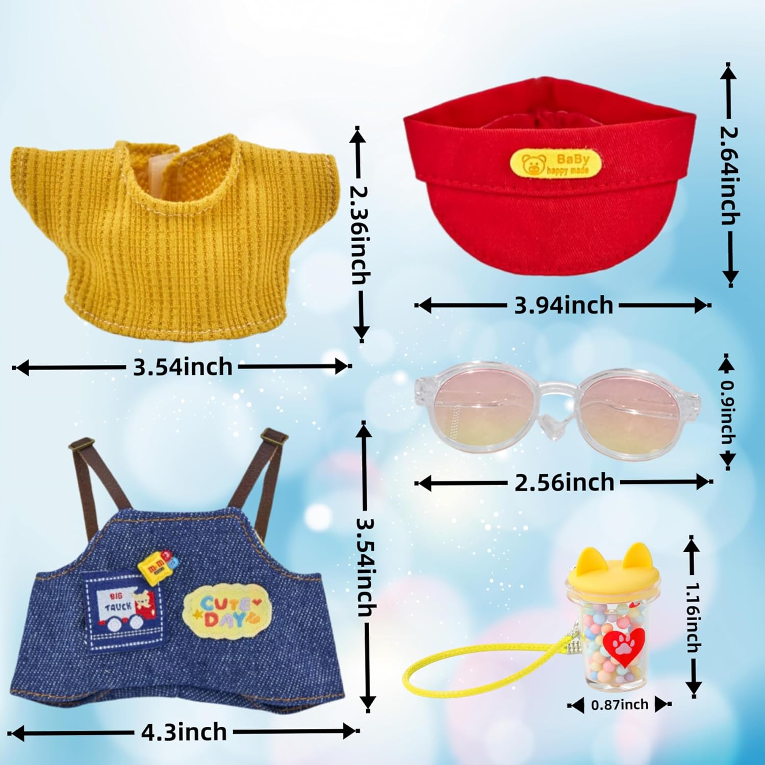 Doll Clothes for Labubu,5Pcs Cute Labubu Clothes Set,Including Cute Denim Overalls, Yellow Top, Red Hat, Sunglasses and Mini Labubu Cup,17cm Labubu Accessories(no Doll)