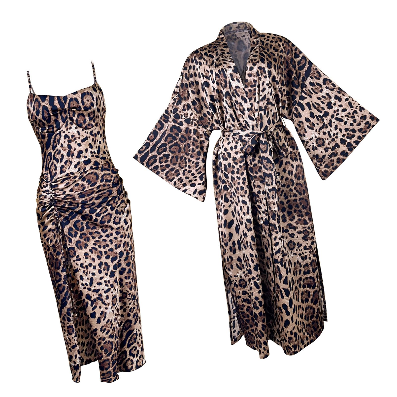 Nachtwäsche Set mit Leopardenmuster, abnehmbarem, gepolstertem BH und Robe mit, elegantes Pyjama Kleid für Damen, Damen Nachtwäsche