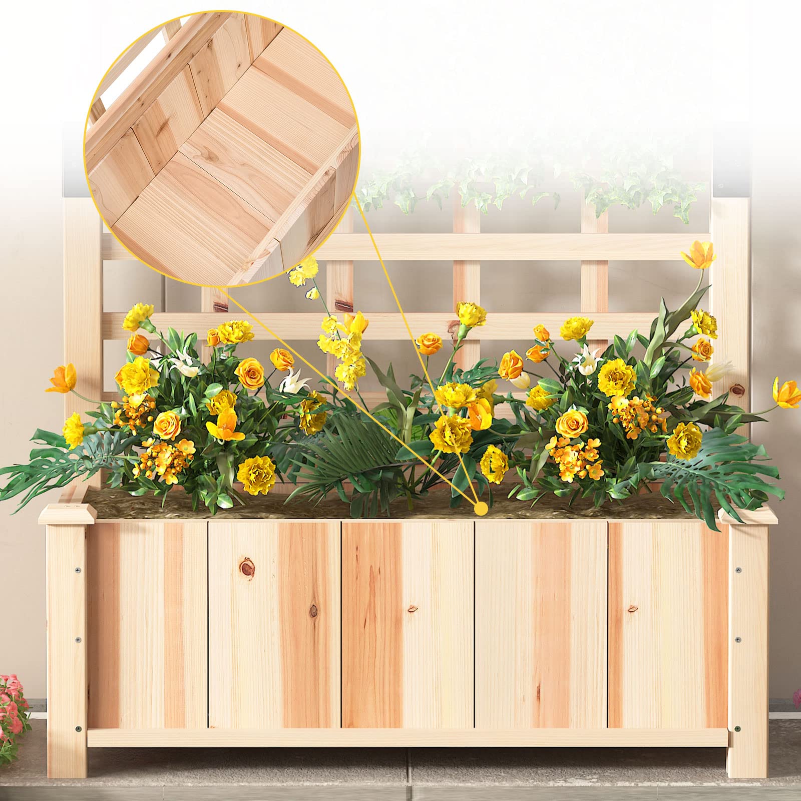 Blumenkasten aus Tannenholz, Pflanzkasten mit Rankgitter Kletterpflanzen, Blumen, Gemüse, für Garten Balkon Terrasse, Freistehender Pflanzständer Tannenholz Hochbeet mit Gitter, 90×40×151cm
