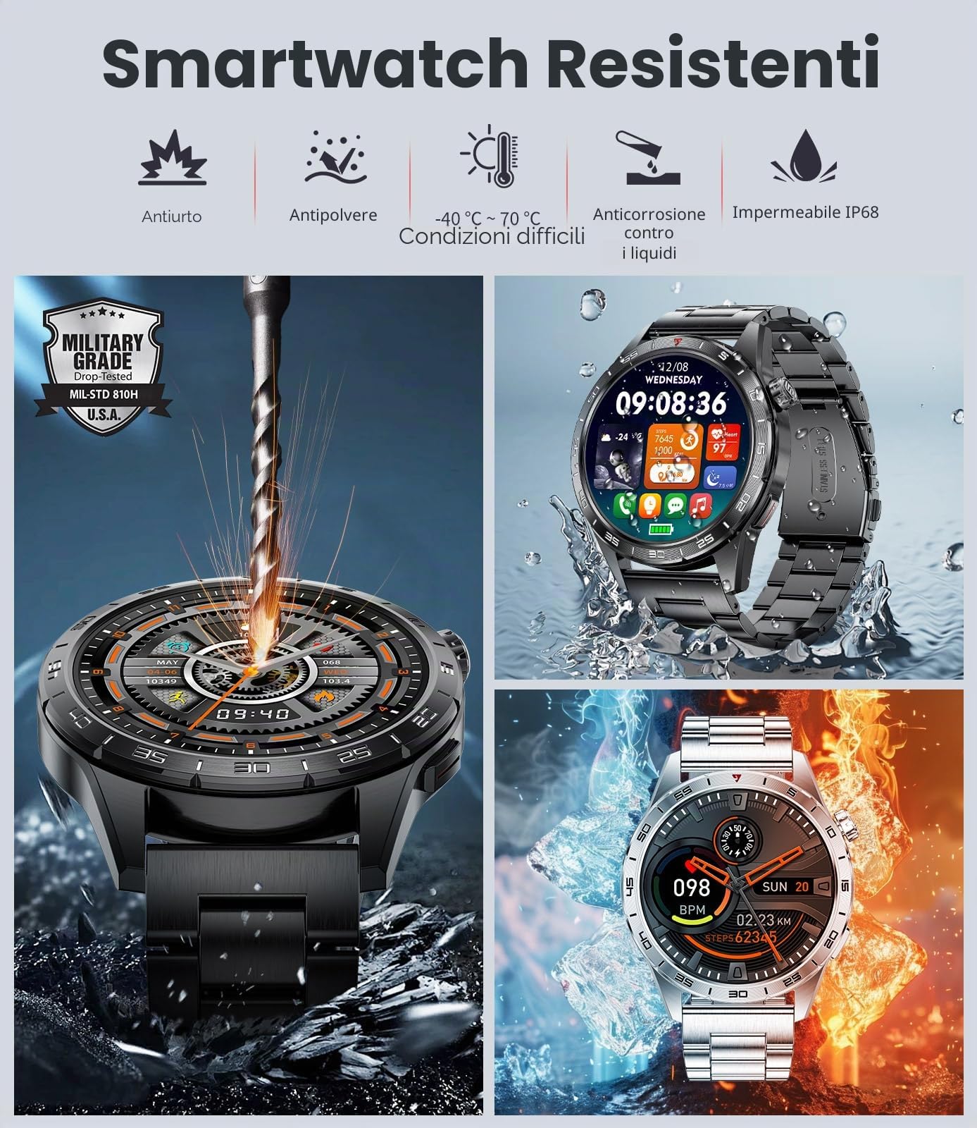Orologio da uomo con chiamate Bluetooth, 1.43'' HD Amoled schermo Smartwatch con frequenza cardiaca/sonno, IP68 impermeabile orologio fitness con 120 modalità sportive, 3 braccialetto(metallo/pelle