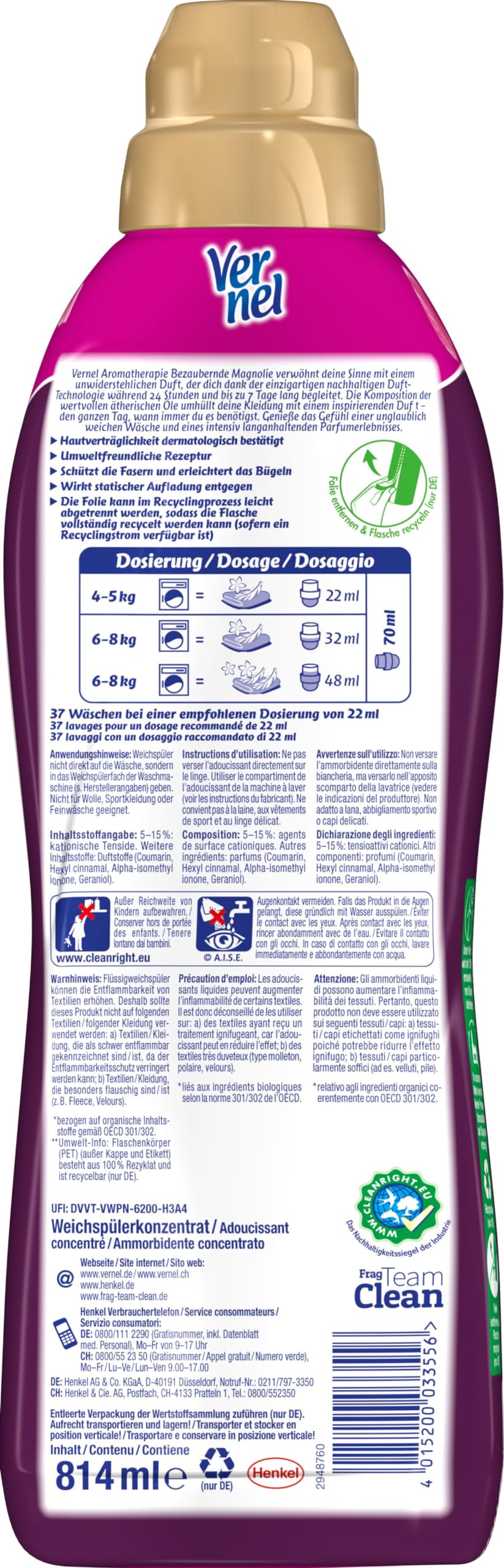 VERNEL Aromatherapie Bezaubernde Magnolie Weichspüler 444WL (12x37 Waschladungen), langanhaltender Wäscheduft mit ätherischen Ölen für 24/7 Frische, recycelbare Flasche