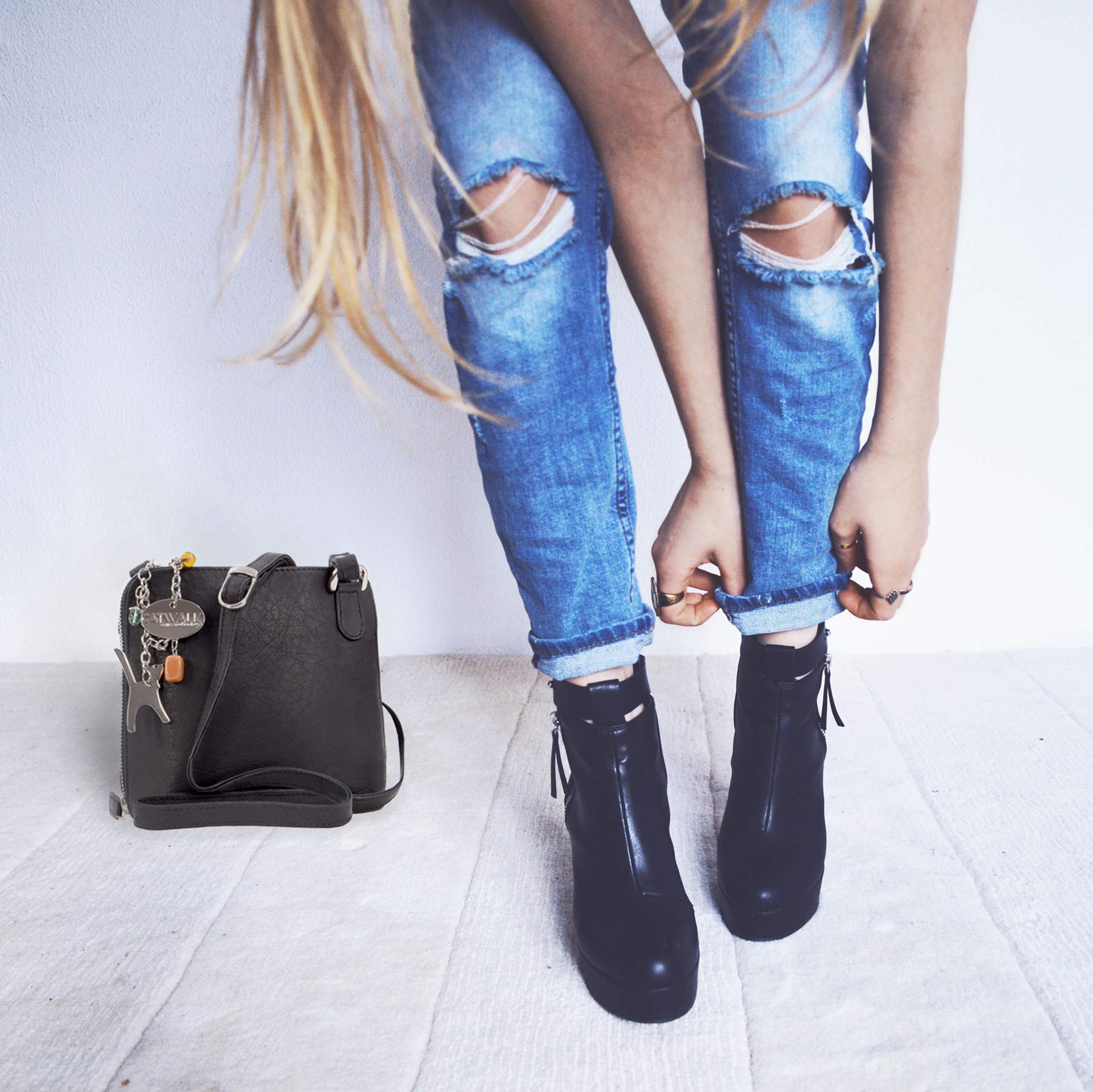 Catwalk Collection Handbags - Bolso Bandolera Pequeño de Piel Auténtica - Bolsito Mujer - Bolso de Mano con Correa Ajustable - Lena