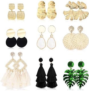 9 Pairs Clip on Drop Earrings for Women Statement Rattan Resin Acrylic Drop Dangle Earrings Lightweight Geometric Rattan Tassel Hoop Drop Dangle Earring Jewelry