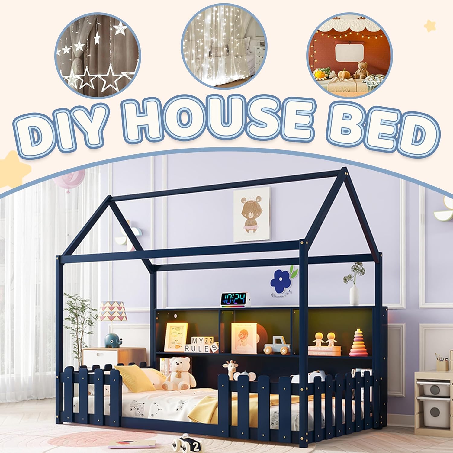 Twin House Bed for Kids with LED Light, Wood Kids Bed Frame with Storage Bookshelf, Montessori Floor Bed with Storage & Roof, Child Twin Frame with Guardrails for Boys and Girls, Navy Blue