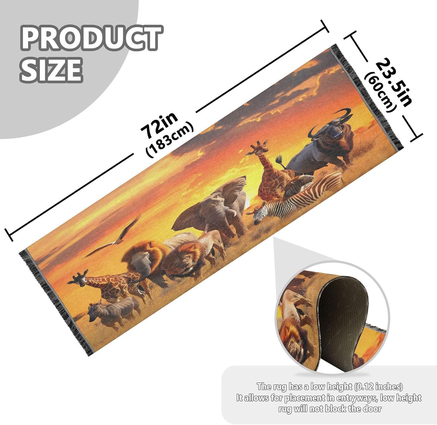 senya Runner Rug for Hallway, Bedroom, Living Room, Kitchen - African Animals Elephant Rhino Giraffe - Multi Color - 72x23.5 inches