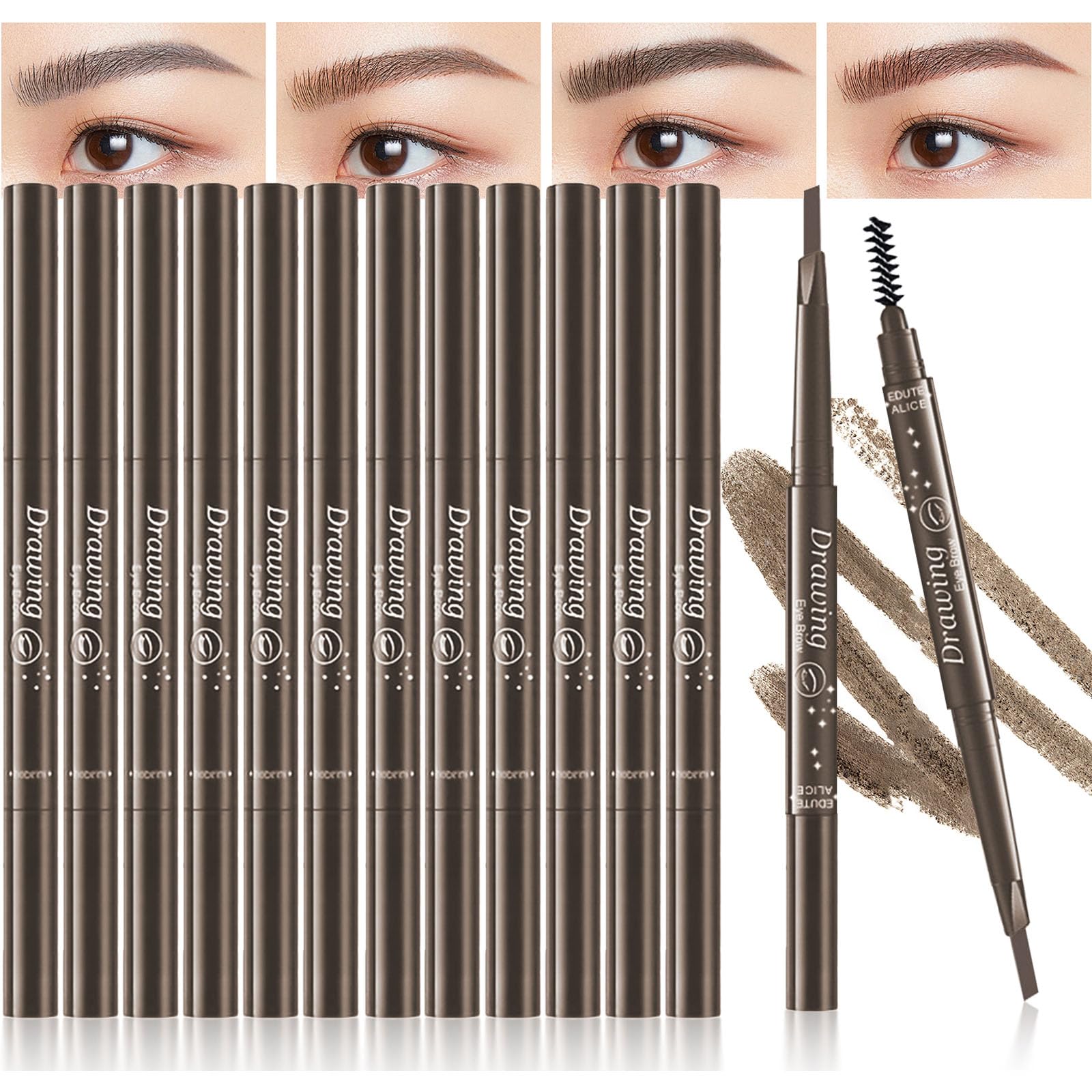 12 Pcs Eyebrow Pencils 2 in 1 Tip-and-Brush Eyebrow Pencil with Retractable and Waterproof Eyebrow Pencil for Women and Beginners (Light Brown)