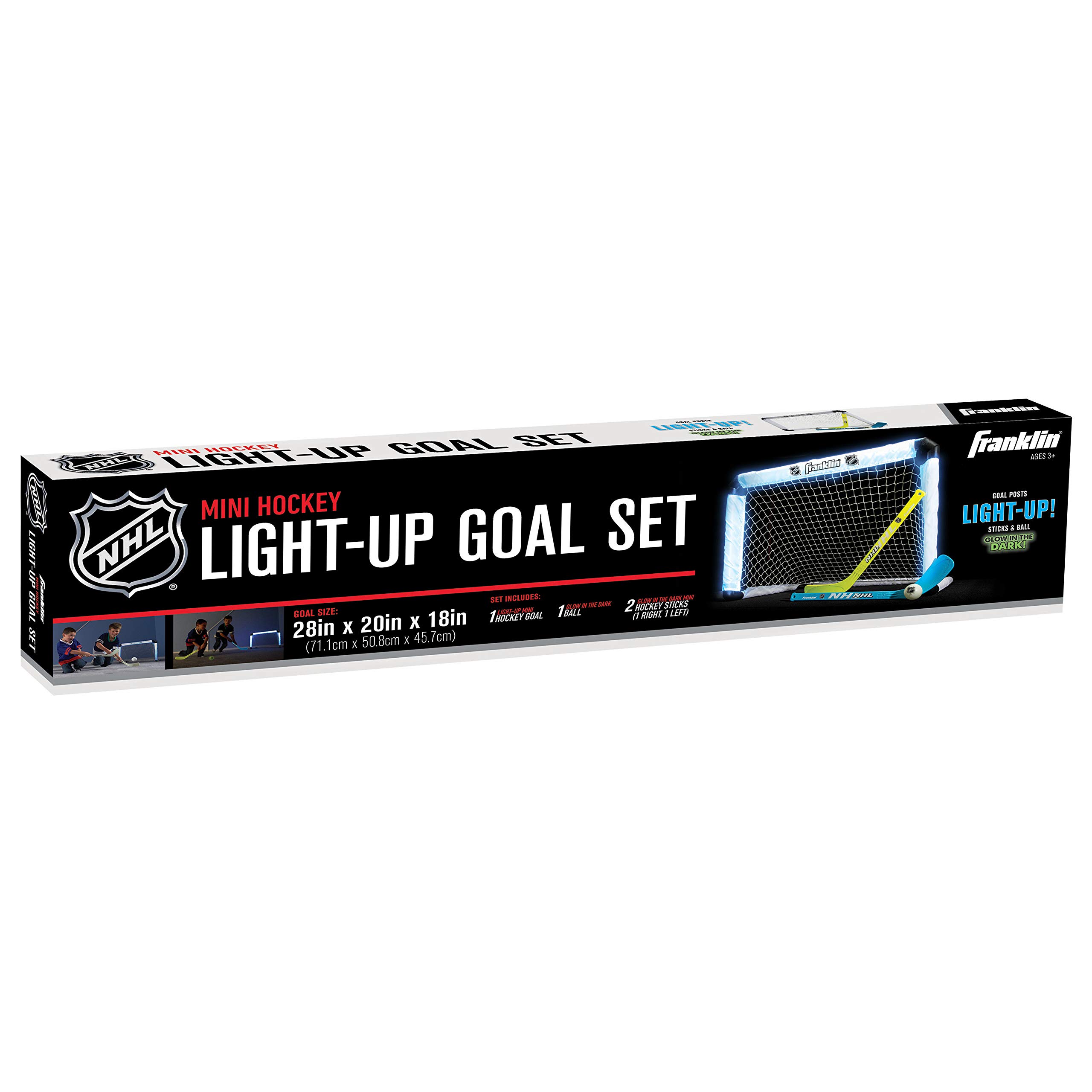 NHL - Juego de hockey sobre rodilla, incluye 1 portería de hockey iluminada, 2 mini palos + 1 pelota, brilla en la oscuridad, gran juguete para niños 4