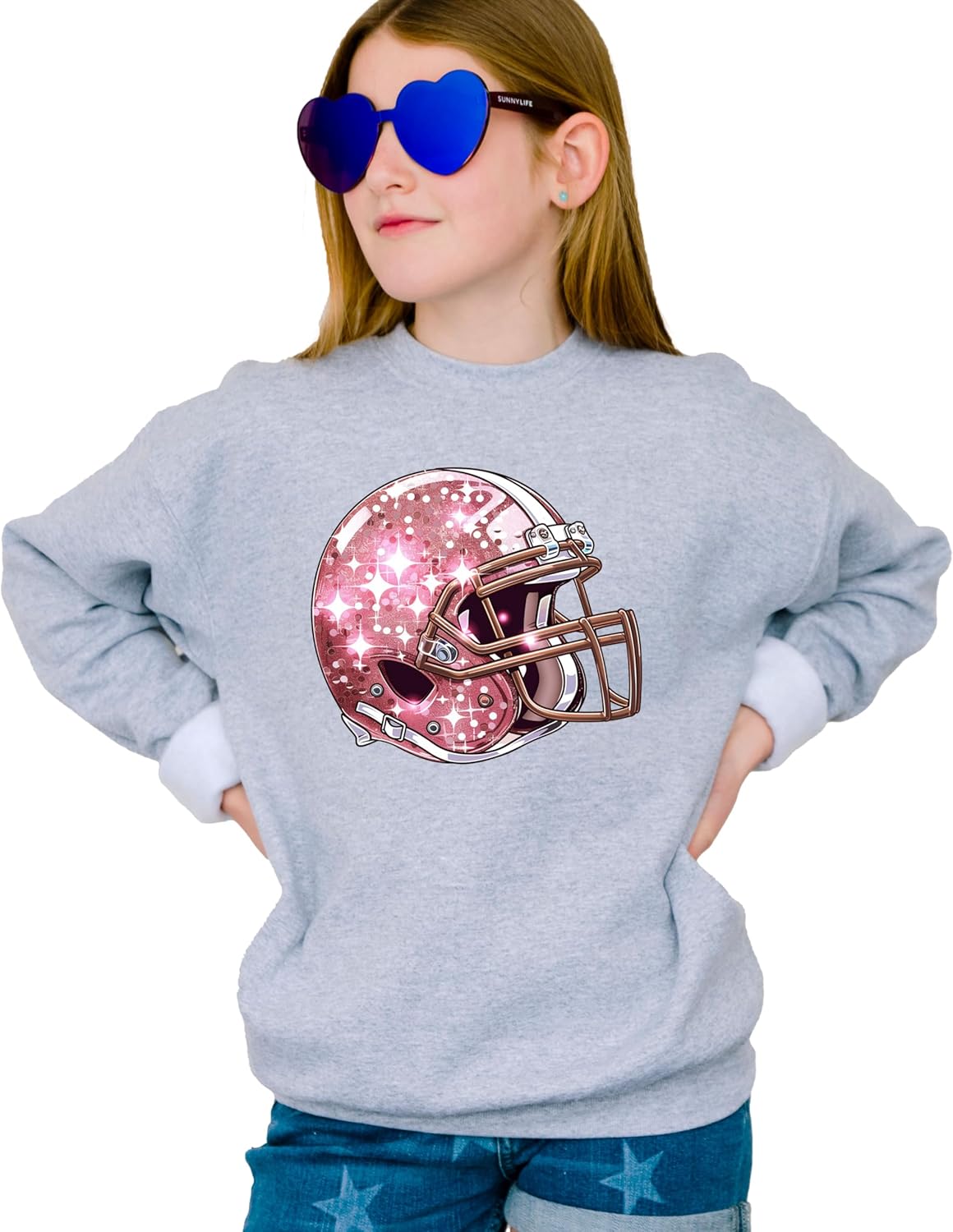 Olive Loves Apple Pink Faux Glitter Football Helmet Sweatshirt for Girls Cute Girly Football Fan Pullover