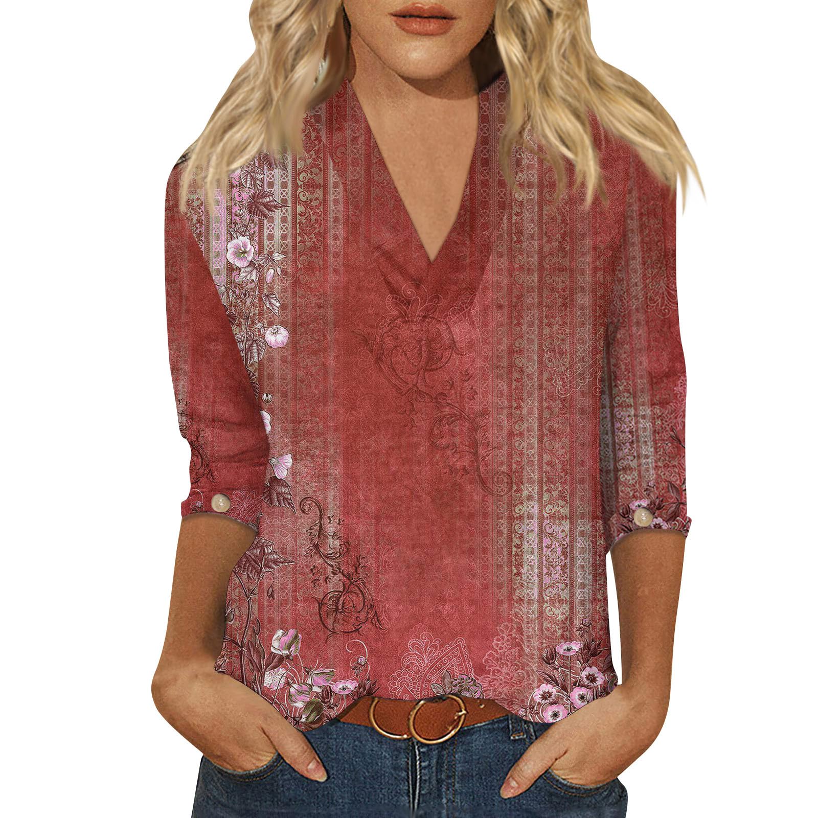 SCBFDI Blusas de lino para mujer, blusas de manga 3/4 para mujer, estilo moderno, geométrico, bloque de color, ajustadas, cuello en V, elásticas, para entrenamiento, camisetas de verano a la moda