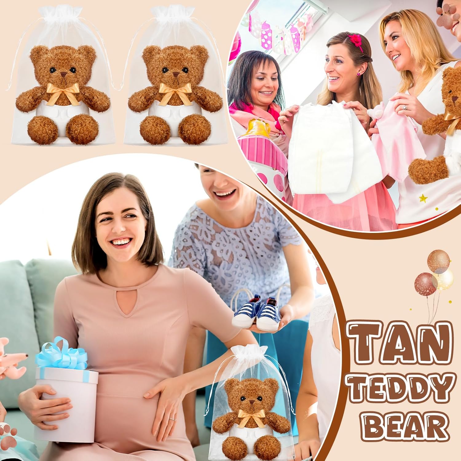 6 Sets Bear Blindfolded Diaper Changing Coed Baby Shower Games Kit Baby Dolls Bears Diapers for Bridal Shower Gender Reveal Games Prizes Gifts for Adults Boys Girls (Tan)