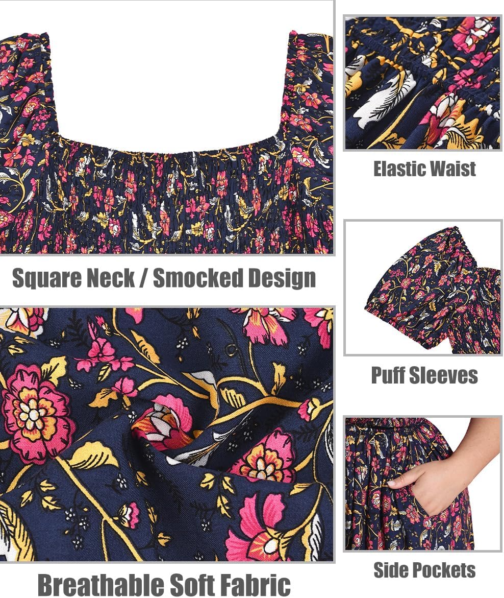 CARCOS Plus Size Dresses for Curvy Women Off Shoulder Square Neck Puff Sleeve Smocked Maxi Summer Dresses with Pocket XL-5XL - Image 6