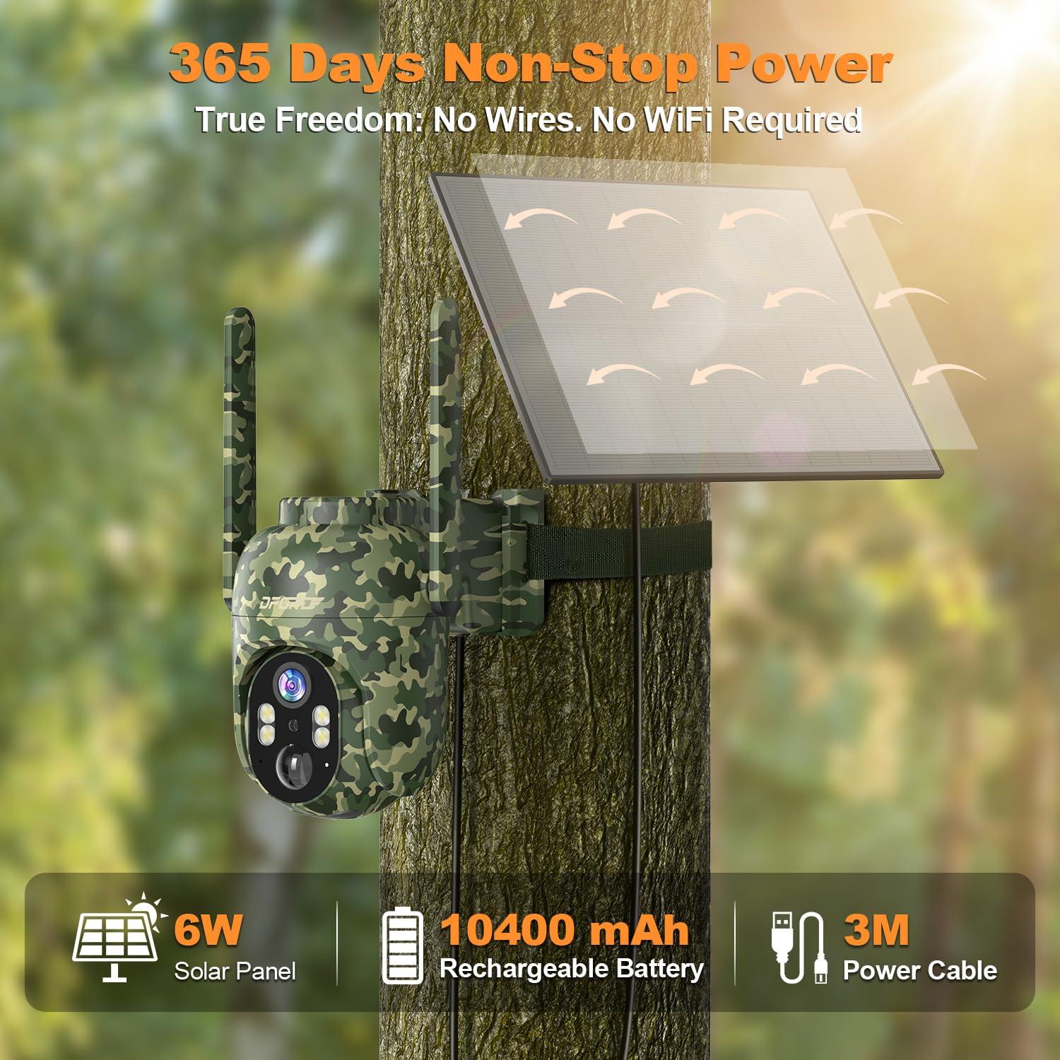 4G LTE Cámara Vigilancia Exterior Solar con Tarjeta SIM Preinstalada sin WiFi, 2K PTZ 360° Batería 10400mAh, Detección de Movimiento PIR, Visión Nocturna a Color, Audio Bidireccional, IP66