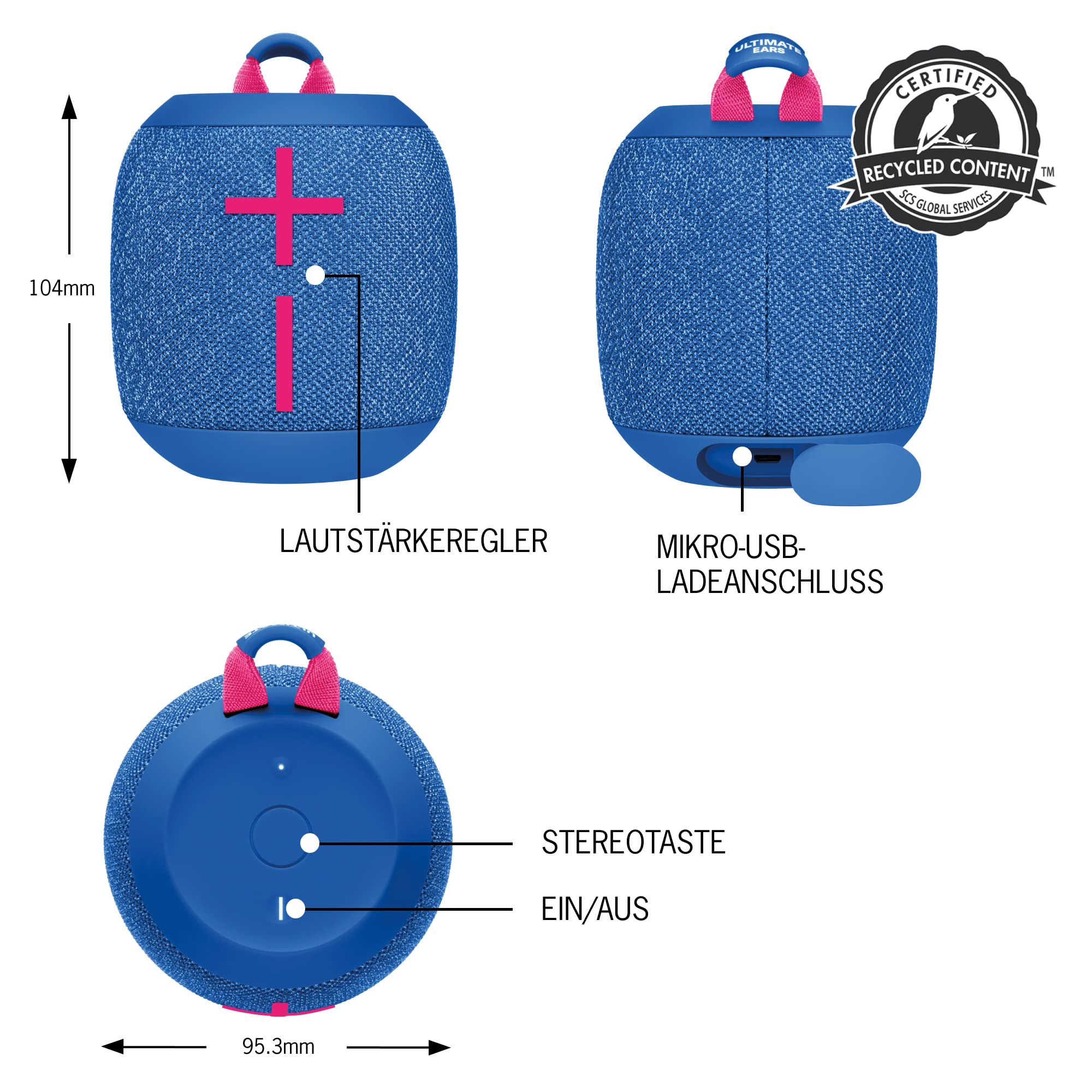Ultimate Ears WONDERBOOM 3 Portable Bluetooth Speaker, Rich Bass 360 Degree Sound, Waterproof, Dustproof IP67, Floatable, 40 m Range - Blue