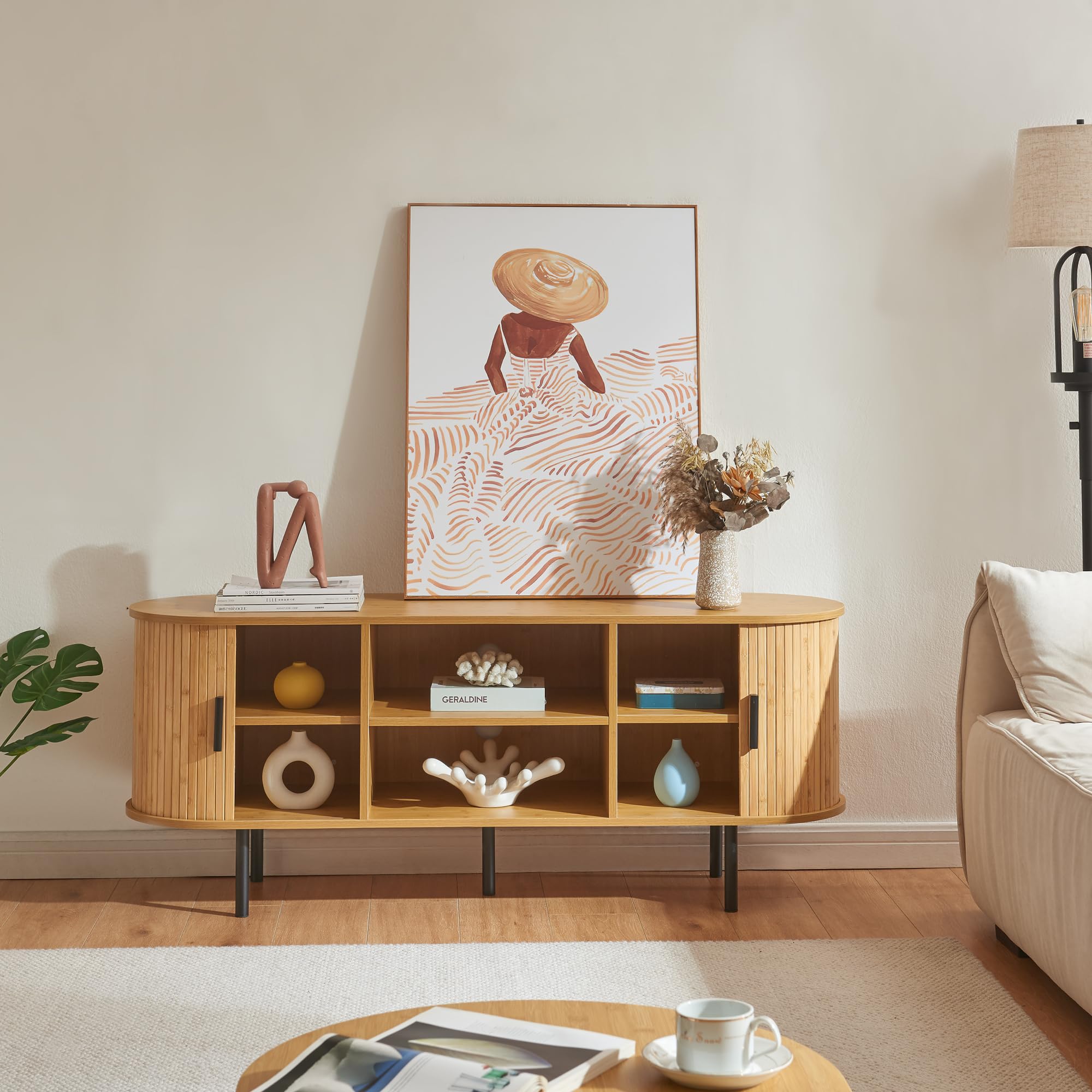 [en.casa] Mueble de TV Tvedestrand con 2 Compartimentos con Puertas Correderas y 2 Compartimentos Abiertos Mueble de Salón para TV Bambú Metal 140 x 40 x 55 cm - Efecto Madera/Negro