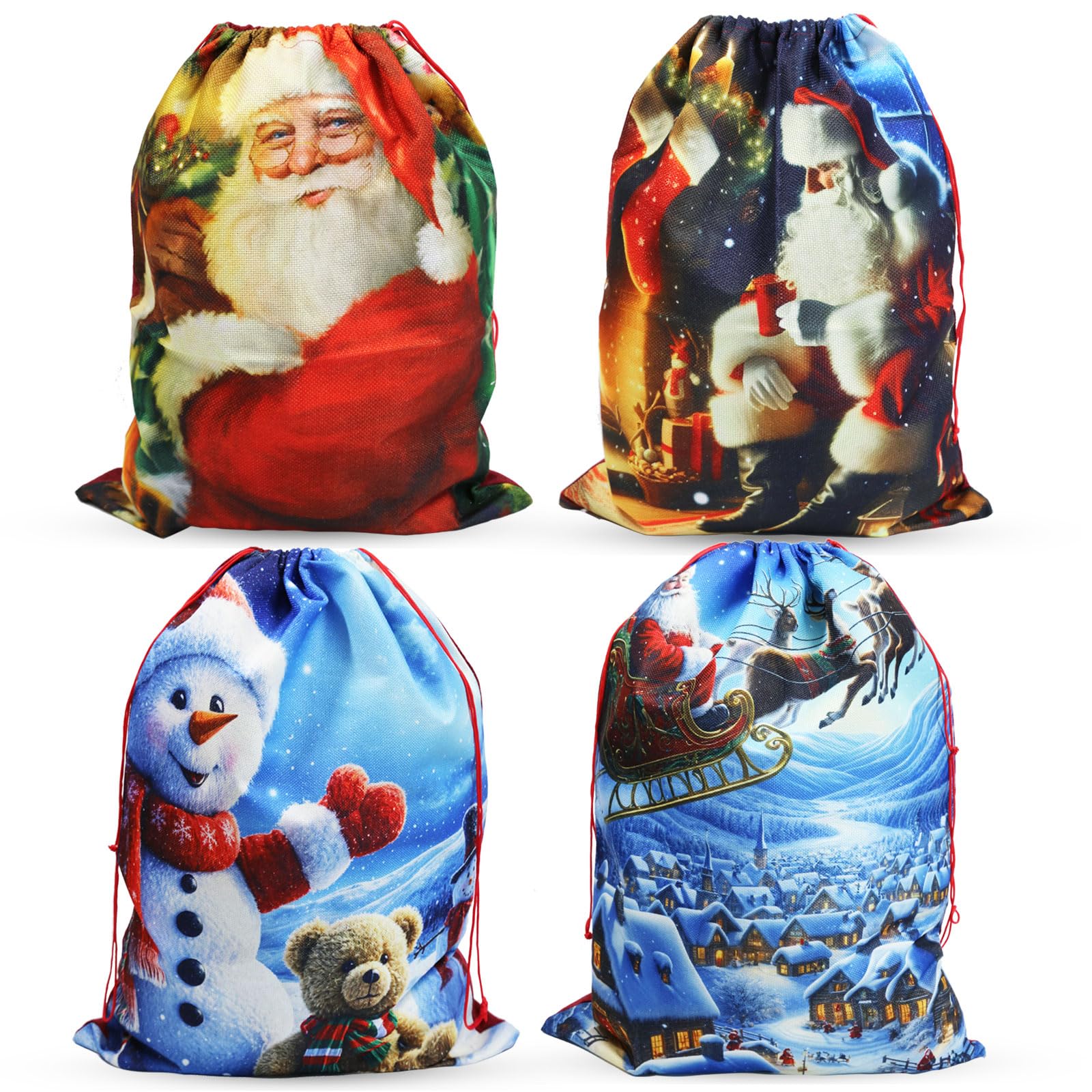 4 Pack Medium Christmas Sacks, 13.8''x19.7'' Hessian Linen Drawstring Bags, Reusable Xmas Gift Sacks