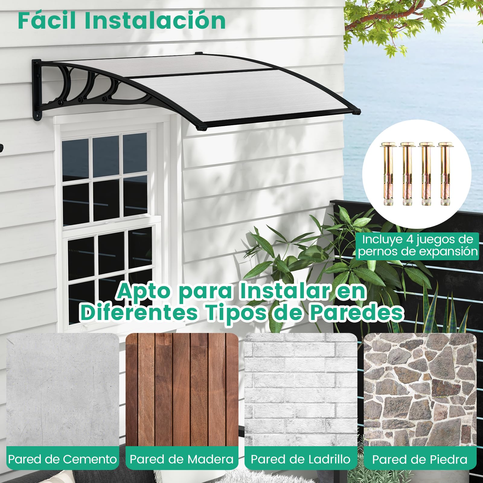 COSTWAY Marquesina Puerta Exterior 150 x 100 CM, Tejadillo de Protección Lluvia Nieve Viento Protección Solar, Tejadillo de Exterior (Gris, 150x100 cm)
