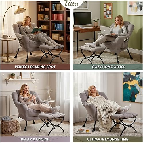 Miniatura 7 de Tiita - Sillón reclinable con otomana, grande, moderno, silla de ocio, de lectura, con reposapiés, para dormitorio, sala de estar, dormitorios, Gris