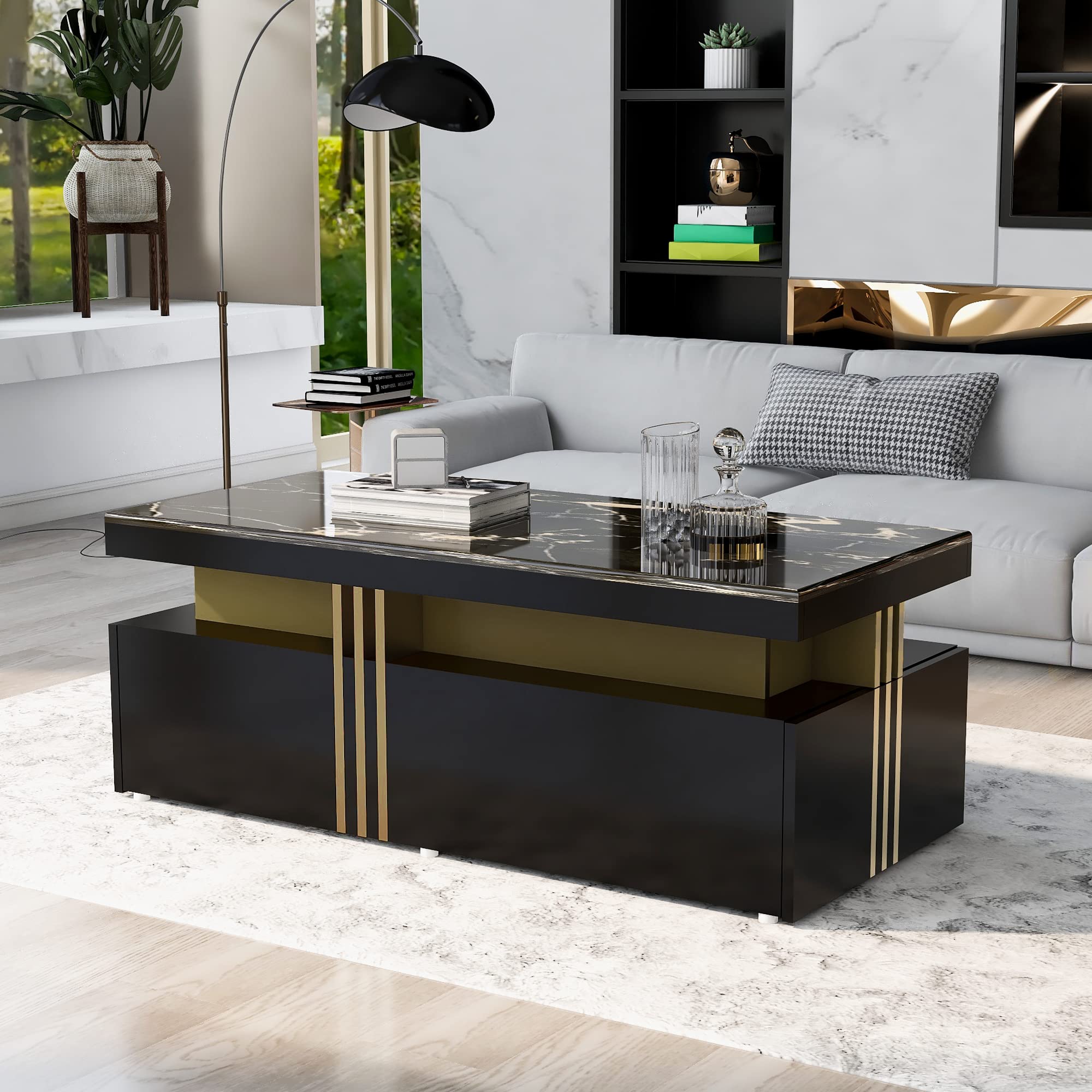 BTM Coffee Table, Black Rectangular Coffee Table with PVC Pattern Top and 2 Wooden Drawers, Living Room Table 100x50x40cm — image 1