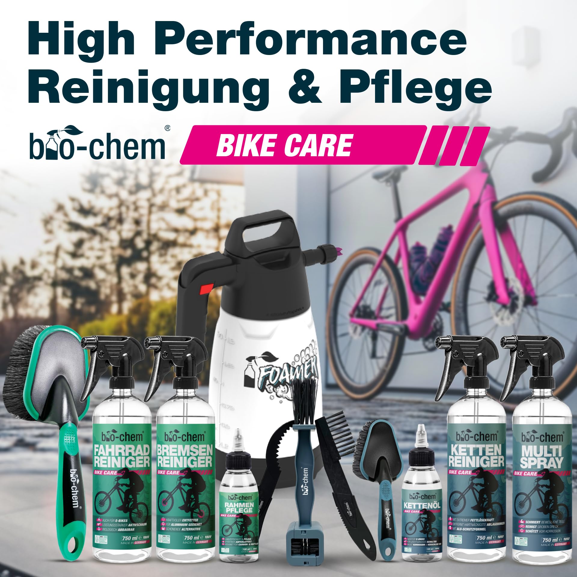 bio-chem Kit de 9 productos para el cuidado de bicis + accesorios | Productos para la limpieza de los cuadros de las bicicletas de carretera y de las cadenas - Accesorios y Caja incluidos