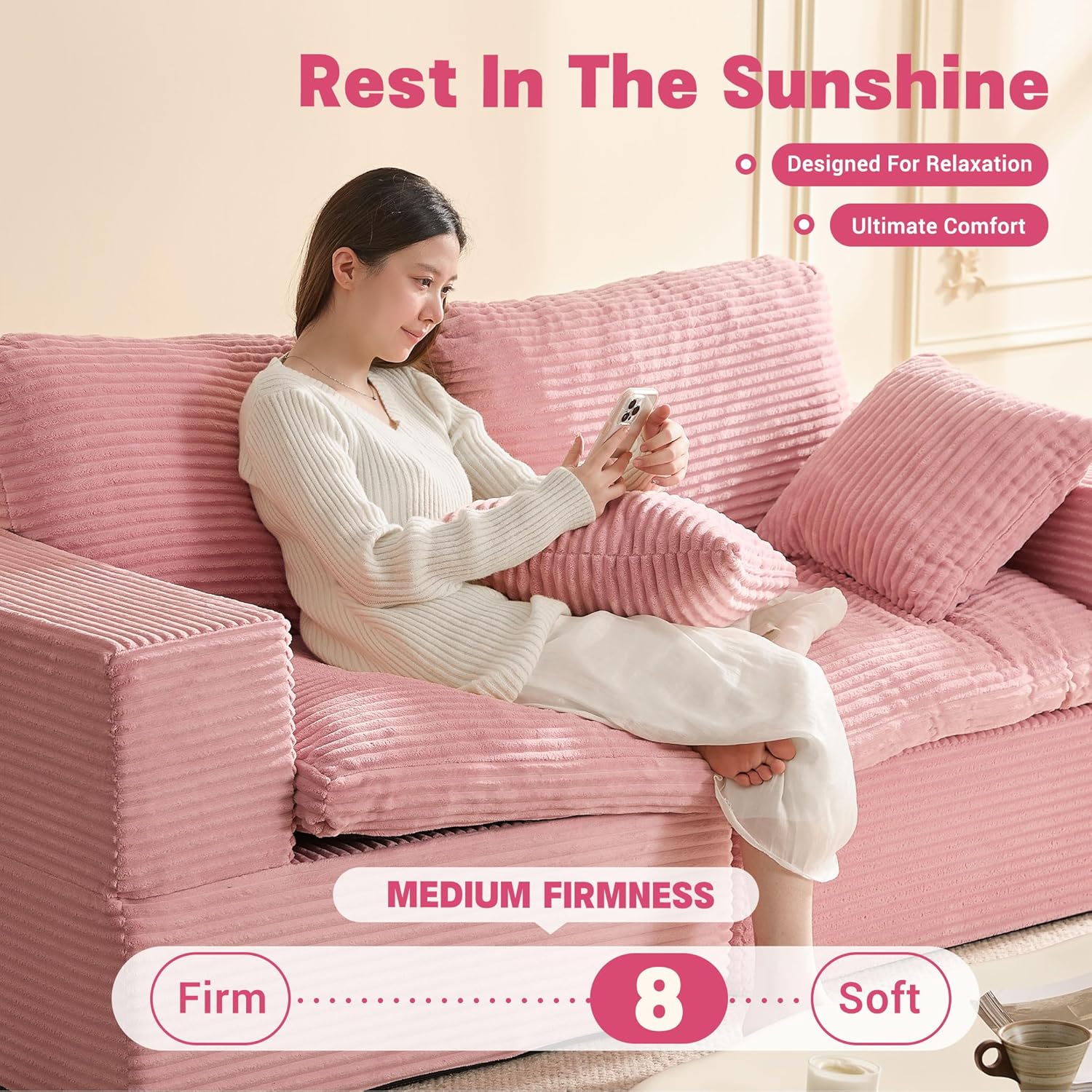 Afuson 74.8” Set of Cloud Couch, Modular Loveseat Sofa, Convertible Sofas Bed, Deep Seat Sofa, Cozy Sofa for Living Room, Office and Bedroom, Corduroy, Pink