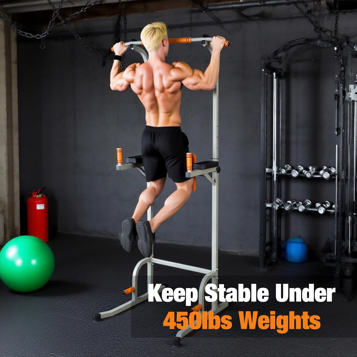 Power Tower Pull-Up & Dip Station, Heavy-Duty Steel Frame, Supports Up to 450 lbs, Adjustable Height Strength Training Tower with Multi-Grip Pull-Up Bar for Home Gym