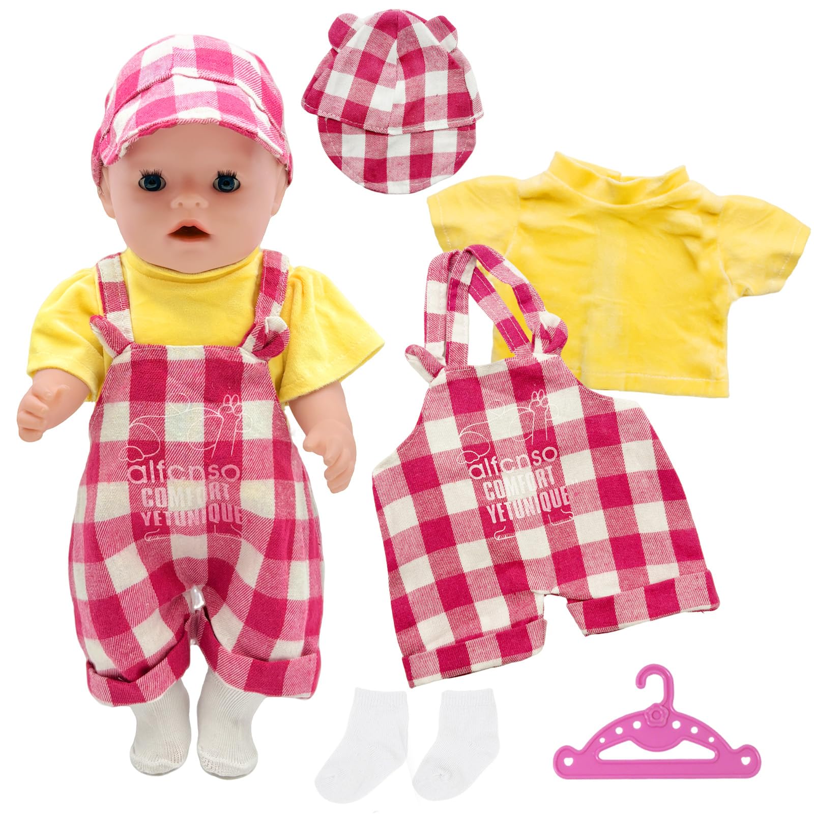 Zouonou 5-teiliges Puppenkleidung Set für 14-18 Zoll / 35-45 cm Puppen, Rot-Kariertes Latzhosen-Outfit mit Gelbem Shirt, Mütze und Socken, Puppen Outfit Geschenk für Kinder (Puppe Nicht enthalten)