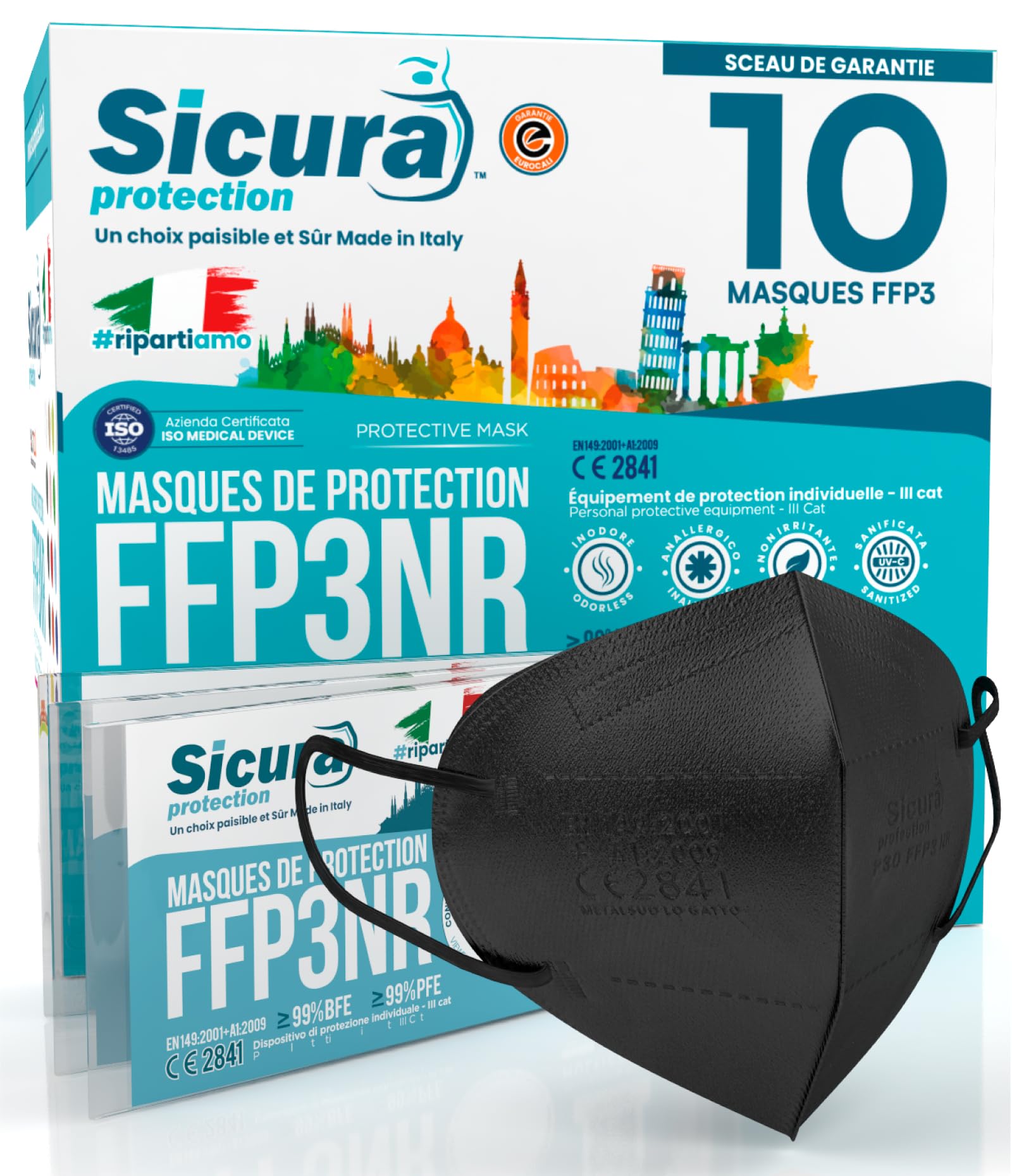 SICURA MASCHERINE CHIRURGICHE 10x Masque FFP3 Noir certifié CE fabriqué en Italie Haute Filtration Plus élevée BFE ≥99% PFE≥99% Masques 10 pièces Scellés Individuellement UV-C Désinfectez