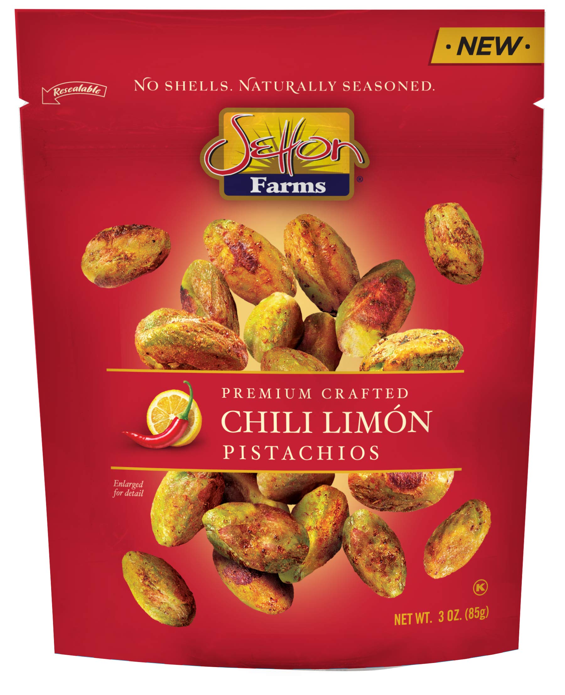 Setton Farms Naturally Seasoned Pistachio Kernels, Chili Limón, No Shell Pistachios, Certified Non-GMO, Gluten Free, Vegan and Kosher, 3 oz Resealable Pouch