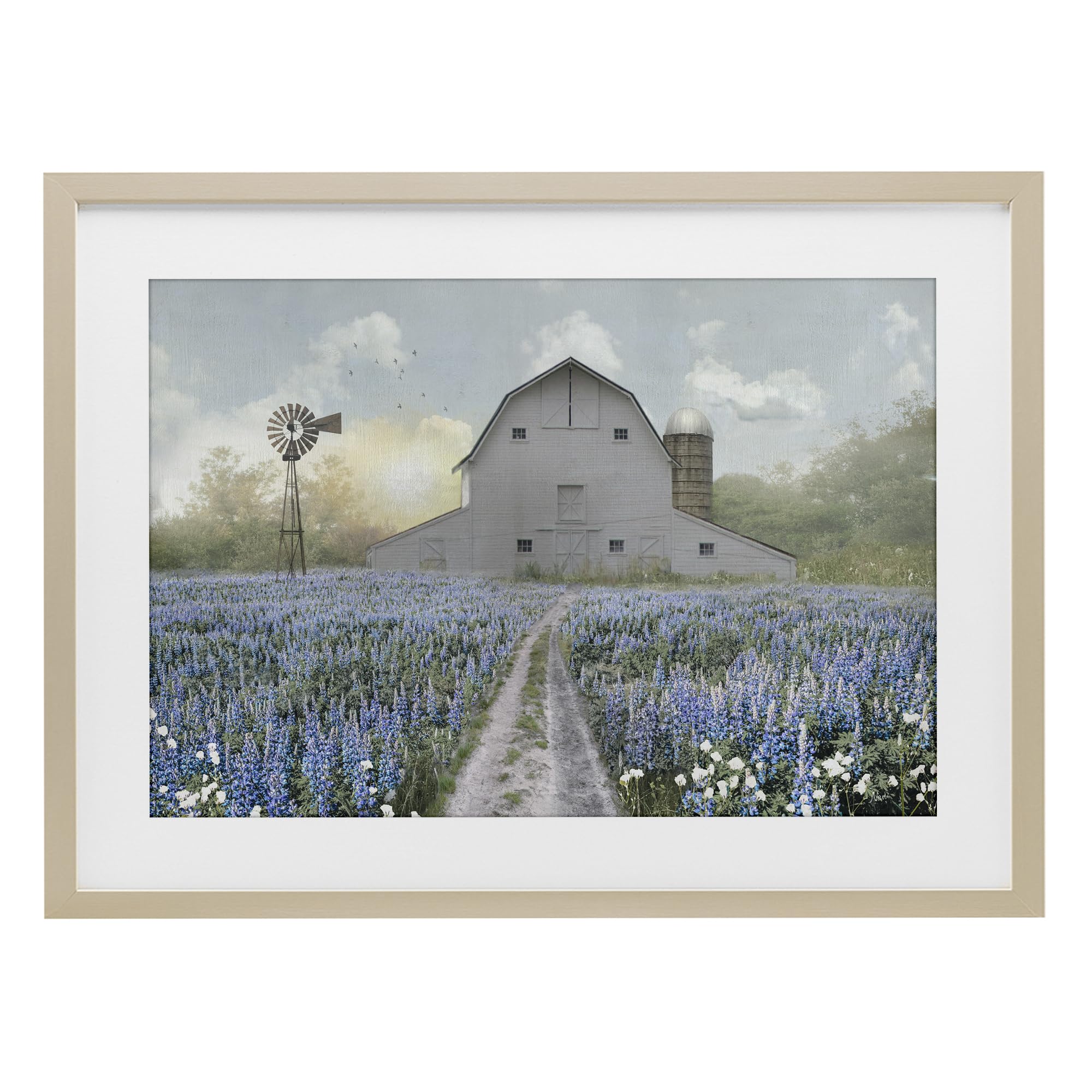 Stupell Industries Blue Flower Meadow Barn 'Meadow Of Blue Flowers & Barn', Framed Print Under Glass, Brown, 20 X 14 Inches, Easy To Hang And Sturdy, Made In Usa, By Nan