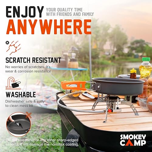 Miniatura 8 de Juego de utensilios de cocina para acampar con estufa, juego de ollas y sartenes de camping, todo en uno, antiadherente, estufa portátil,